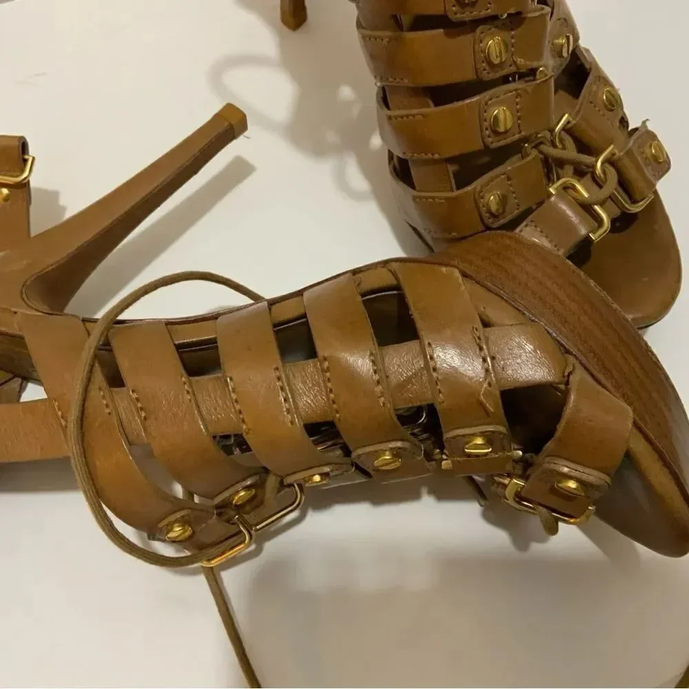 Tory Burch Gladiator Lace Up studded gold platform sandals Tan size 7.5 M